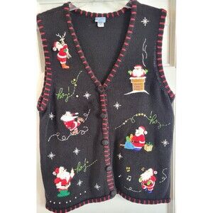 Holiday Editions Christmas Sweater Vest Womens L Black Santa Embroidered Sequin